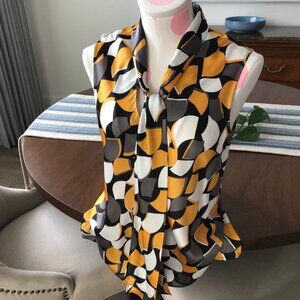 Nine West Sleeveless Abstract Print Bow Tie Top Gold White Grey Sz M NWOT